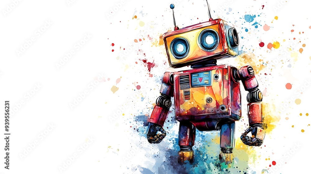 Whimsical Watercolor Robot Illustration in Vibrant Metallic Hues on White Background Whimsical Watercolor Robot Illustration in Vibrant Metallic Hues on White Background
