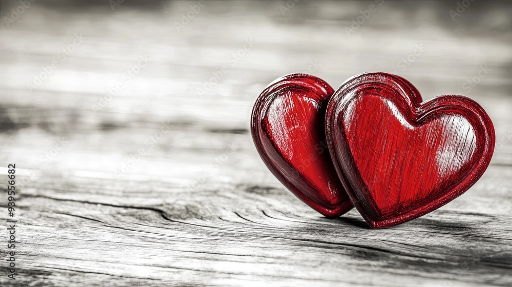 Two red wooden hearts, one slightly behind the other, rest on a rustic wooden table. Two red wooden hearts, one slightly behind the other, rest on a rustic wooden table.