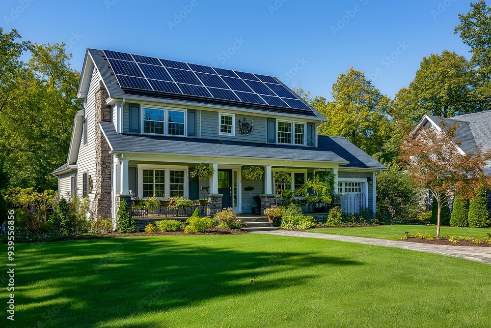 Modern Solar Panels Installed On A New Jersey Home Under Clear Blue Sunny Sky, Solar Photography, Solar Powered Clean Energy, Sustainable Resources, Electricity Source Modern Solar Panels Installed On A New Jersey Home Under Clear Blue Sunny Sky, Solar Photography, Solar Powered Clean Energy, Sustainable Resources, Electricity Source