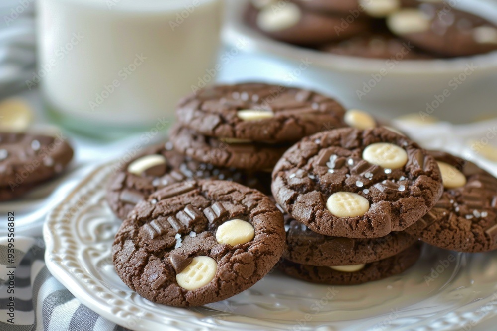 Delicious double chocolate chip cookies are stacked on a plate and ready to be enjoyed with a glass of milk Delicious double chocolate chip cookies are stacked on a plate and ready to be enjoyed with a glass of milk