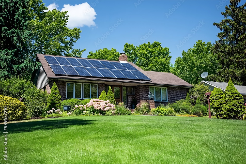 Modern Solar Panels Installed On A New York Home Under Clear Blue Sunny Sky, Solar Photography, Solar Powered Clean Energy, Sustainable Resources, Electricity Source Modern Solar Panels Installed On A New York Home Under Clear Blue Sunny Sky, Solar Photography, Solar Powered Clean Energy, Sustainable Resources, Electricity Source