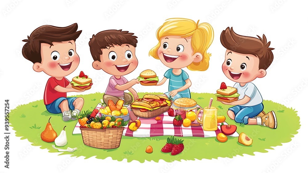 Happy Cartoon Children Picnic Fun on White Background - Clip Art Style Illustration of Kids Enjoying Picnic with Sandwiches and Fruits Happy Cartoon Children Picnic Fun on White Background - Clip Art Style Illustration of Kids Enjoying Picnic with Sandwiches and Fruits