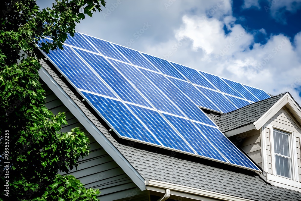 Fototapeta premium Modern Solar Panels Installed On A New York Home Under Clear Blue Sunny Sky, Solar Photography, Solar Powered Clean Energy, Sustainable Resources, Electricity Source