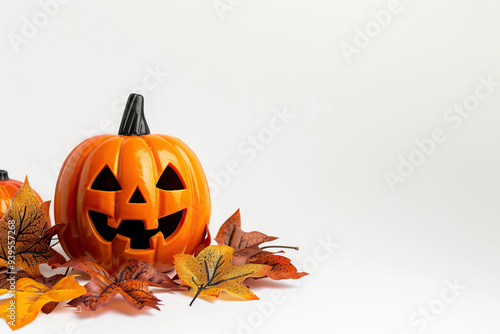 Jack-o'-lantern pumpkin with white light illumination. Ready for Halloween, trick-or-treat festivity. Vibrant orange squash, cucurbita, calabaza symbol of fall. photo