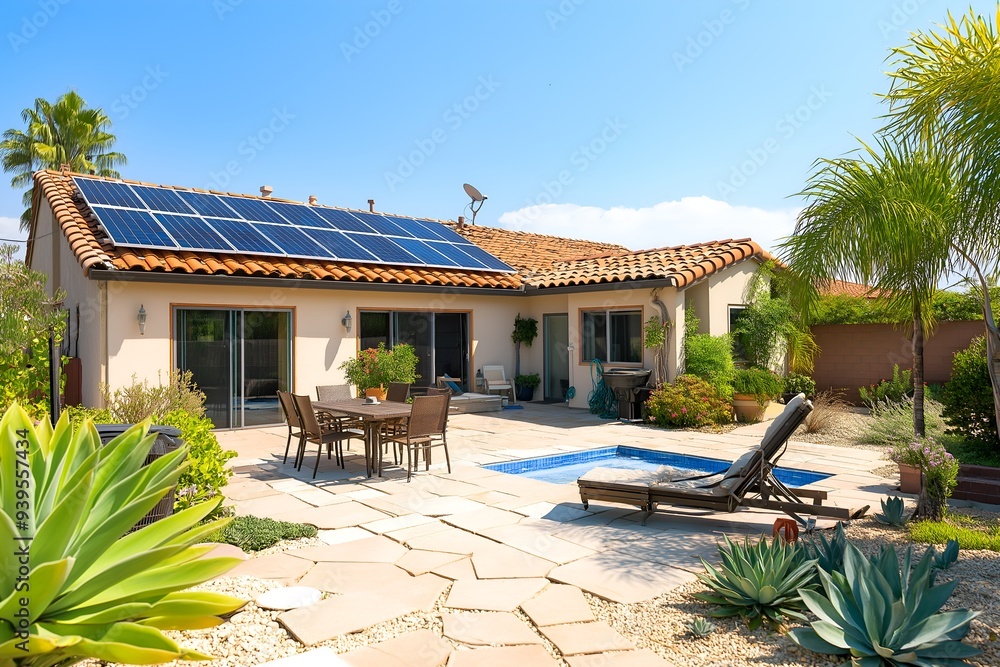 Obraz premium Modern Solar Panels Installed On A San Diego Home Under Clear Blue Sunny Sky, Solar Photography, Solar Powered Clean Energy, Sustainable Resources, Electricity Source