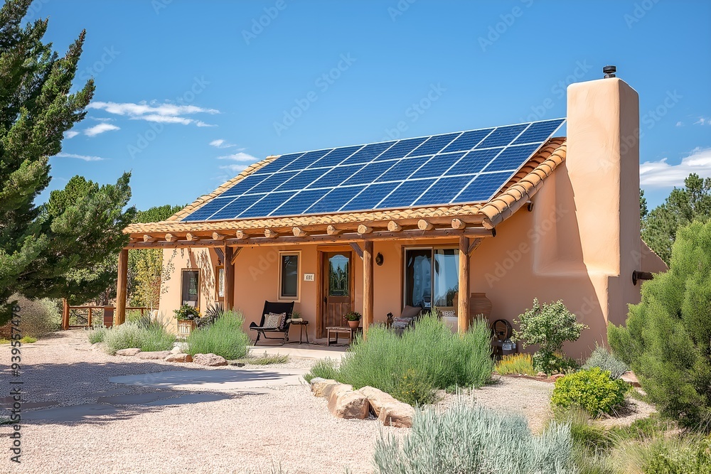Modern Solar Panels Installed On A New Mexico Home Under Clear Blue Sunny Sky, Solar Photography, Solar Powered Clean Energy, Sustainable Resources, Electricity Source Modern Solar Panels Installed On A New Mexico Home Under Clear Blue Sunny Sky, Solar Photography, Solar Powered Clean Energy, Sustainable Resources, Electricity Source
