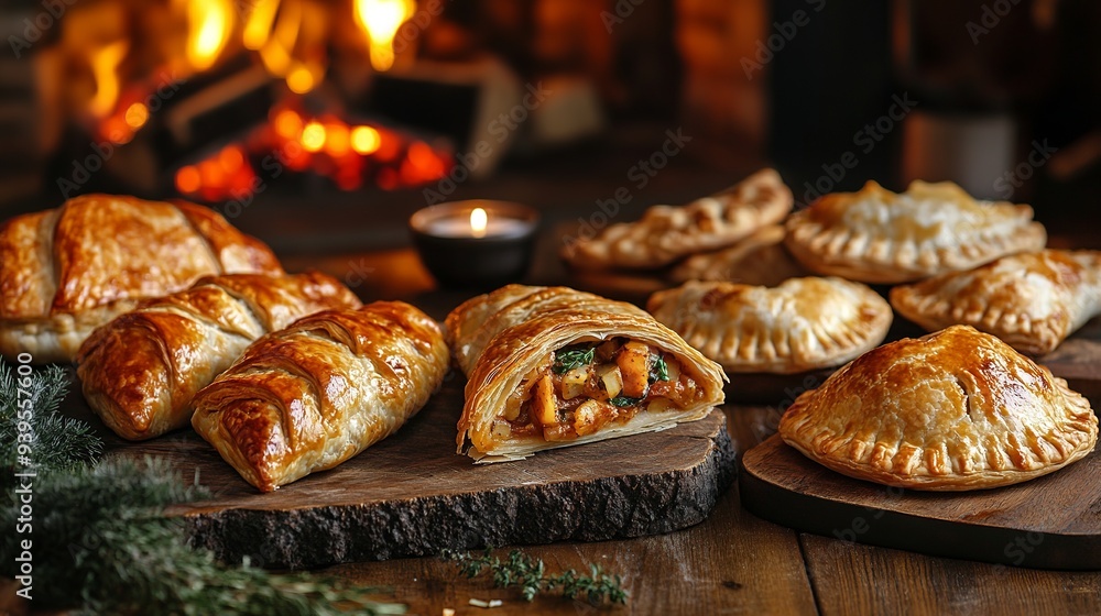 photo of various savory and sweet pastries on rustic table, fireplace lighting photo of various savory and sweet pastries on rustic table, fireplace lighting