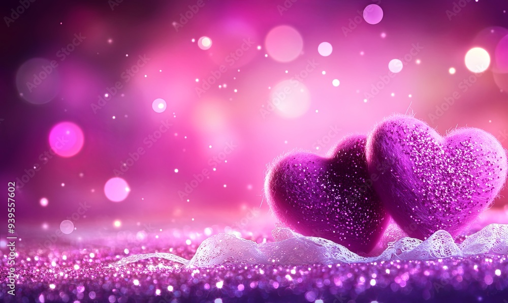 Two pink glitter hearts on a sparkly pink background with bokeh lights. Two pink glitter hearts on a sparkly pink background with bokeh lights.