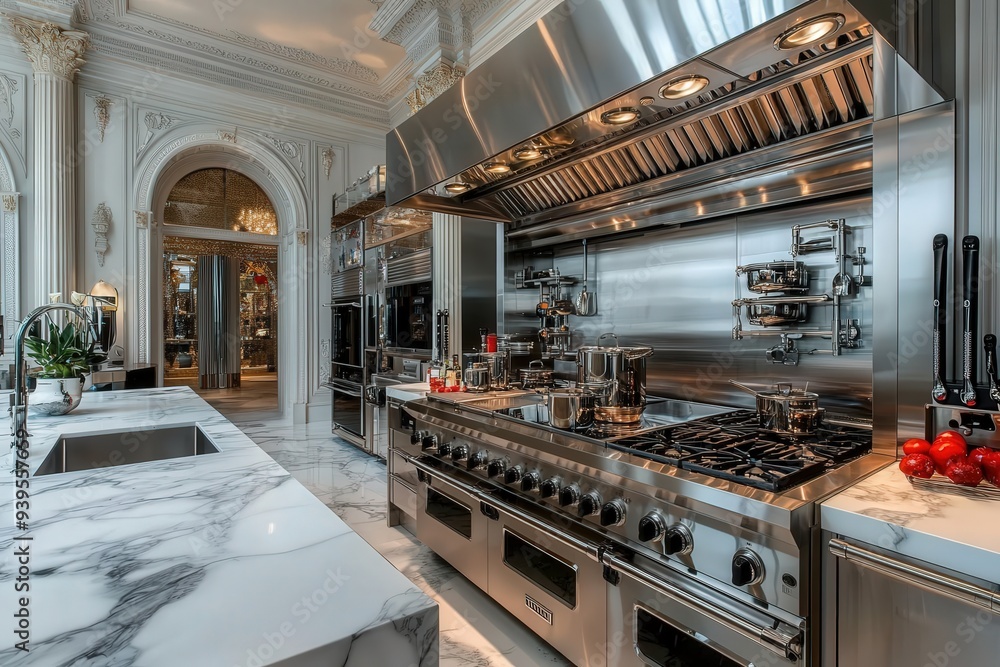 An elegant kitchen showcasing marble countertops and stainless steel appliances, illuminated under classic chandeliers and featuring state-of-the-art cooking stations. An elegant kitchen showcasing marble countertops and stainless steel appliances, illuminated under classic chandeliers and featuring state-of-the-art cooking stations.