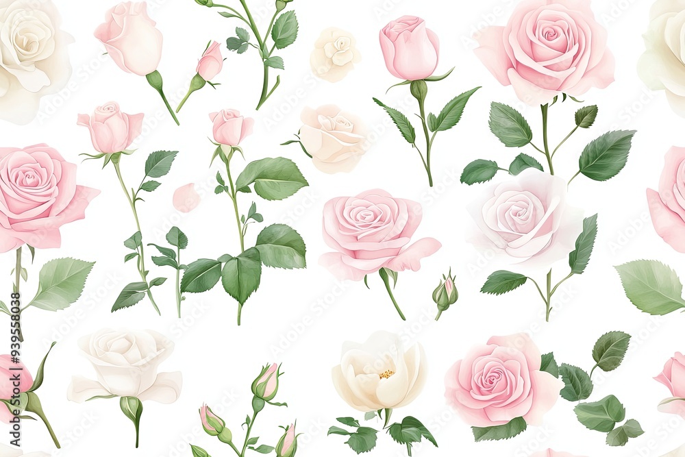 Seamless pattern of pink and white roses with green leaves on a white background. Seamless pattern of pink and white roses with green leaves on a white background.