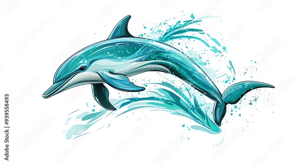 Fototapeta premium Playful Dolphin Jumping Vector Illustration in Teal and Turquoise Graffiti Style for T-shirt Design on White Background