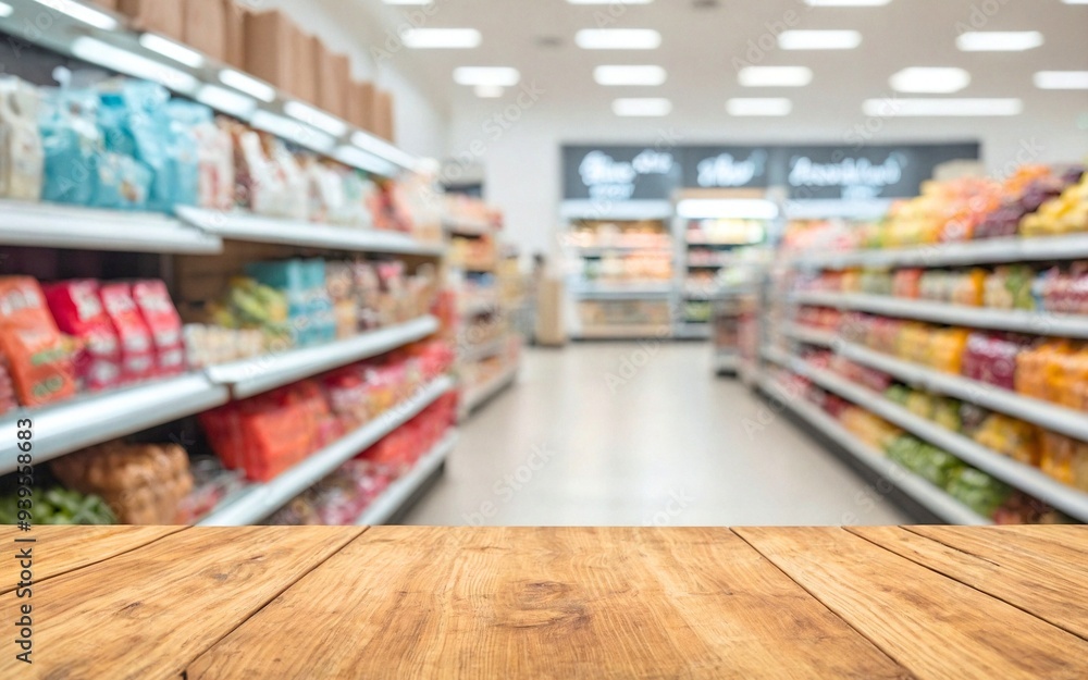 Empty wood table top with supermarket blurred background for product display Empty wood table top with supermarket blurred background for product display
