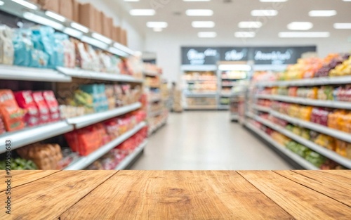 Empty wood table top with supermarket blurred background for product display