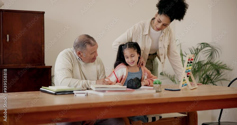 Family, child and help with homework, education and learning at home, study and communication. Happy people, girl and write in book, knowledge and drawing by table, project and support with paperwork Family, child and help with homework, education and learning at home, study and communication. Happy people, girl and write in book, knowledge and drawing by table, project and support with paperwork