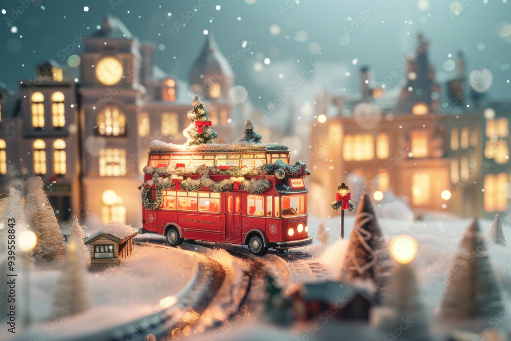 A snow-covered city street lined with a row of bus and a decorated Christmas tree in the background, capturing the festive spirit of winter. A snow-covered city street lined with a row of bus and a decorated Christmas tree in the background, capturing the festive spirit of winter.