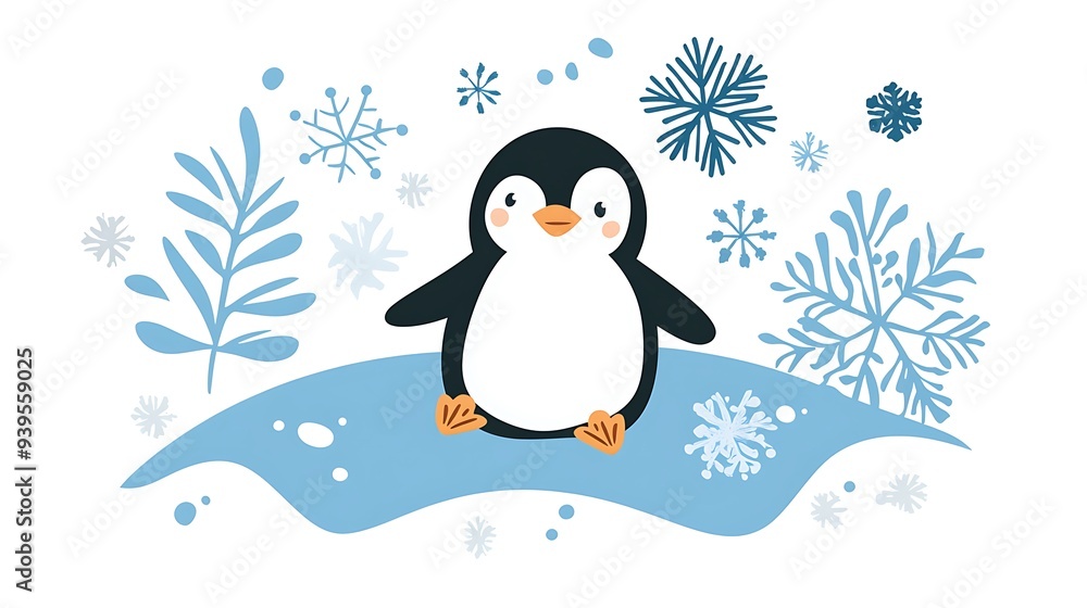 Fototapeta premium Penguin Fun on Ice - Playful Children's Book Style Illustration of a Cute Penguin Sliding with Snowflakes in Icy Blues and Whites