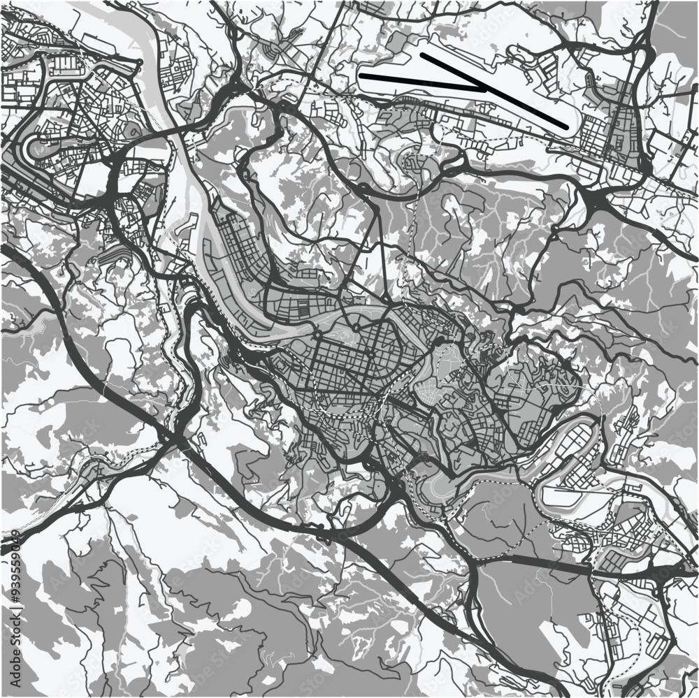 Obraz premium Map of Bilbao in Spain in grayscale. Contains layered vector with roads water, parks, etc.