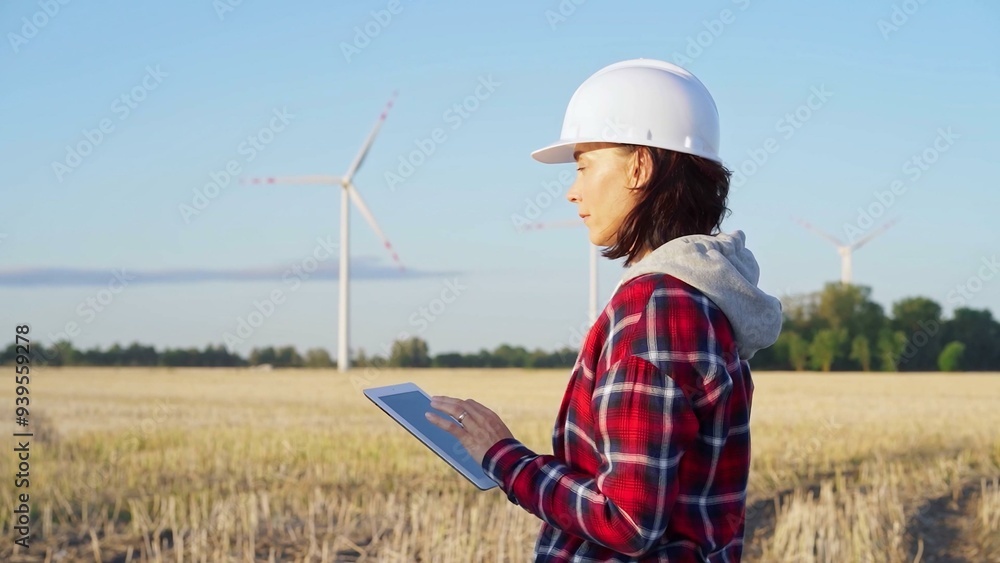 Female engineer wearing a white protective helmet is taking notes with a tablet computer on a field with wind turbines, as the sun sets. Clean energy and engineering Female engineer wearing a white protective helmet is taking notes with a tablet computer on a field with wind turbines, as the sun sets. Clean energy and engineering