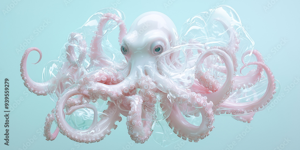 Obraz premium Octopus Trapped in Plastic: A Surreal Reflection on Ocean Pollution
