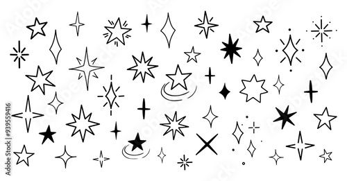 Big vector collection of stars and shining elements in doodle style. Hand drawn illustration of shine and sparkle. Isolated on white background