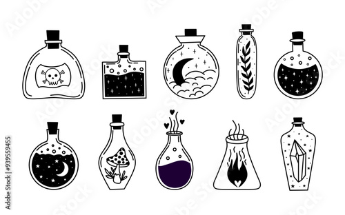 Vector set of Halloween in hand drawn style. Doodle cute illustration with traditional Halloween elements line potion. Isolated elements on white background. 