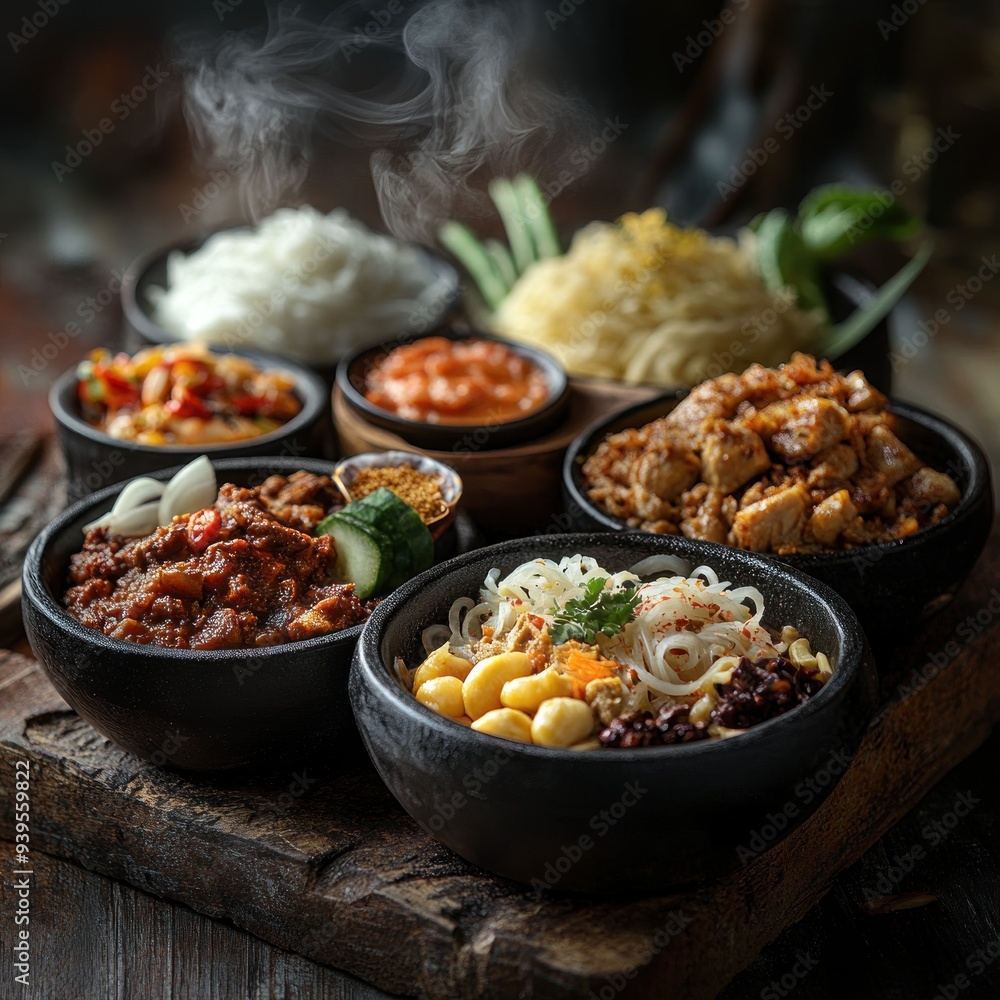 Steaming Bowls of Delicious Asian Cuisine - A Photographic Still Life Steaming Bowls of Delicious Asian Cuisine - A Photographic Still Life