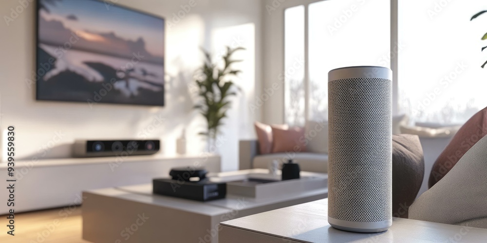 A smart speaker sits on a table in a living A smart speaker sits on a table in a living