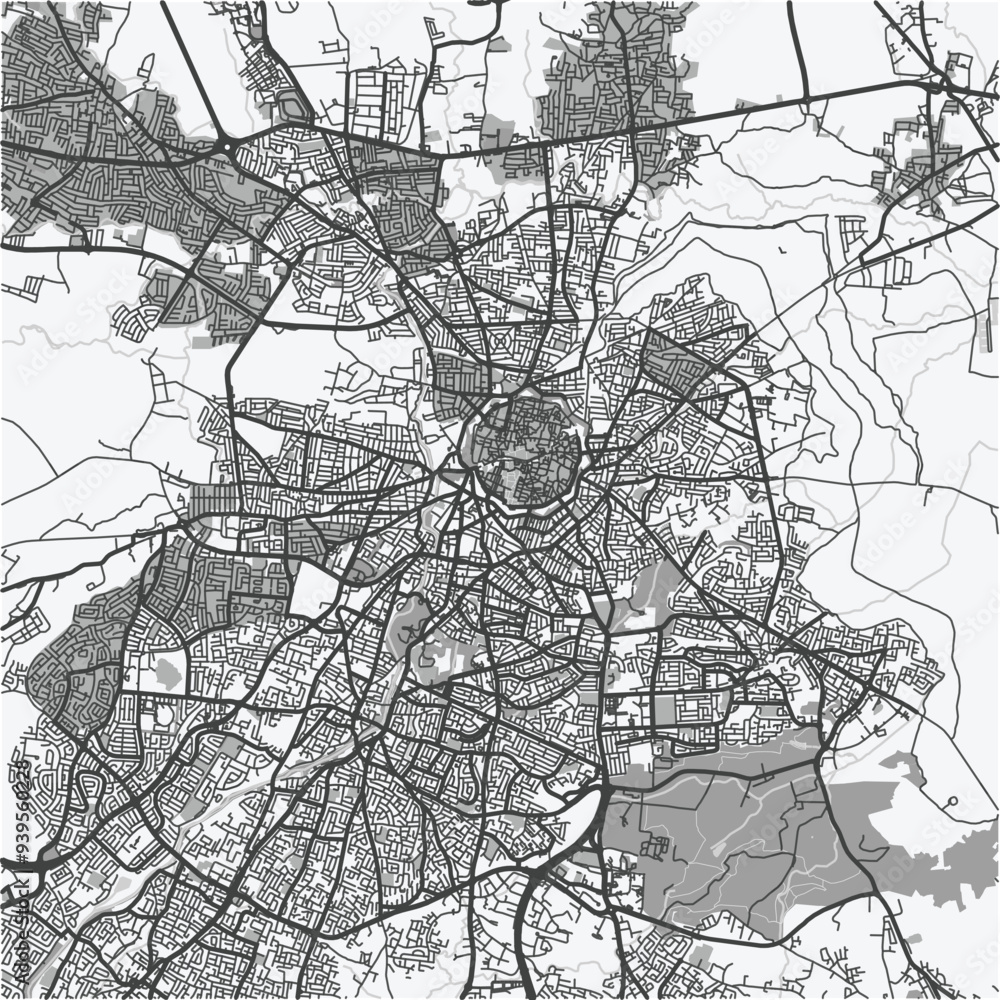 Obraz premium Map of Nicosia in Cyprus in grayscale. Contains layered vector with roads water, parks, etc.