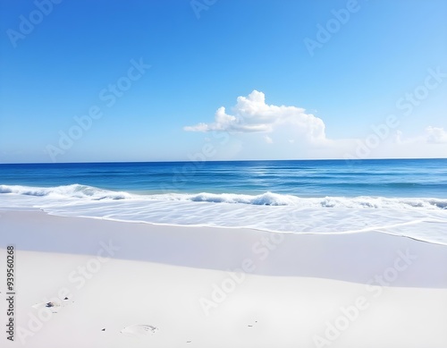 A serene beach background featuring soft white sand, gentle waves lapping at the shore, and a clear blue sky with a few fluffy clouds create with ai