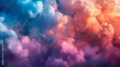 An ethereal landscape of clouds merging in lively hues of blue, pink, and orange, forming a stunning visual spectacle in the sky.