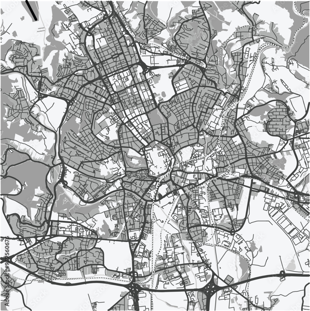 Fototapeta premium Map of Brno in Czech Republic in grayscale. Contains layered vector with roads water, parks, etc.