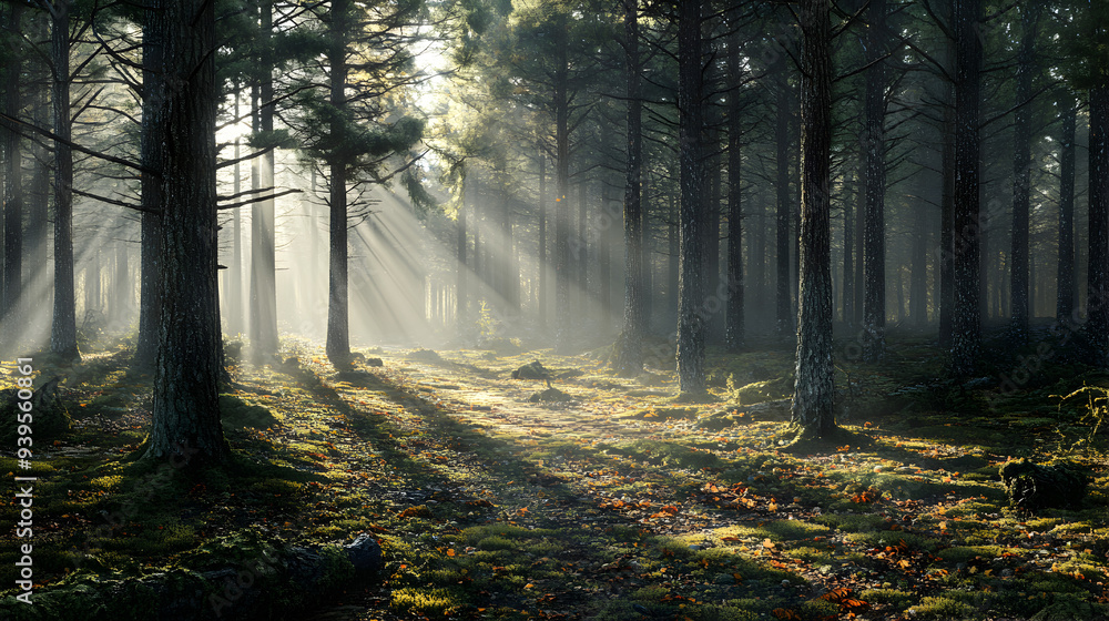 Obraz premium Enchanting Misty Morning Forest with Sun Rays and Pine Trees