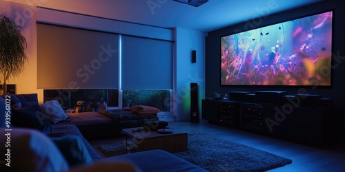 Home theater with projector screen, couch, and rug.