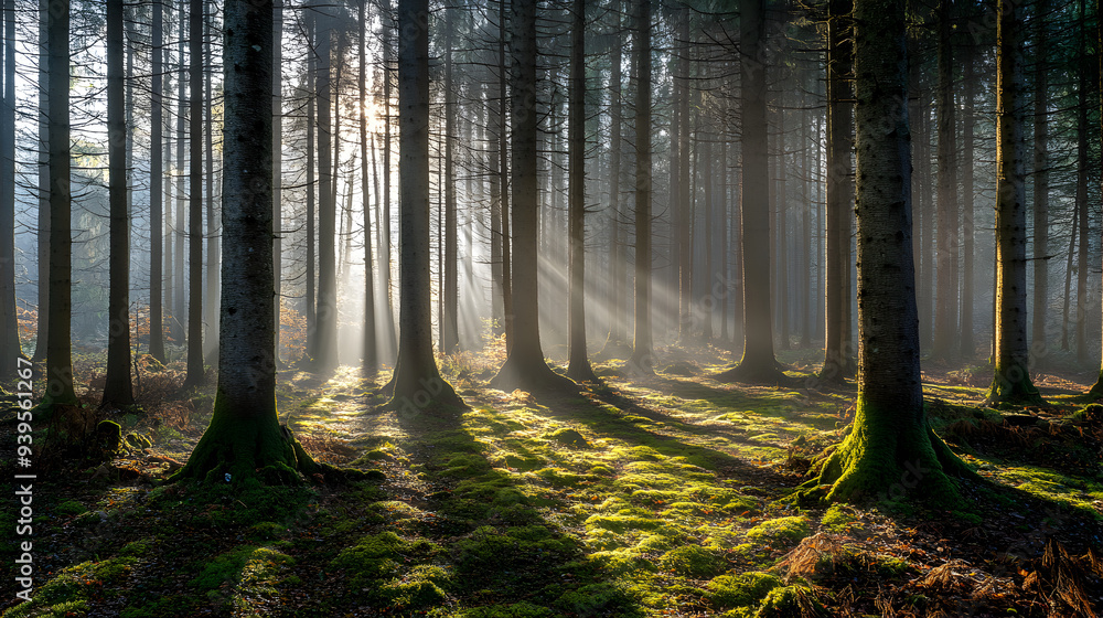 Fototapeta premium Serene Sunrise in Enchanted Pine Forest - Sun Rays, Shadows, Mossy Ground