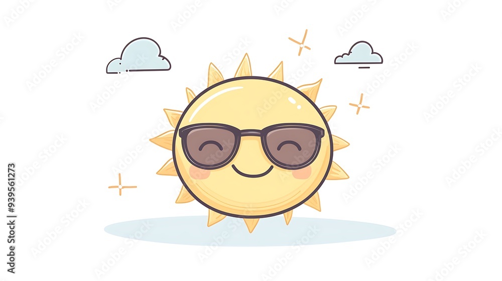 Fototapeta premium Sunny Sun with Sunglasses, Cute Kawaii Style Clipart Illustration on White Background - Fun and Cheerful Sun Mascot Drawing