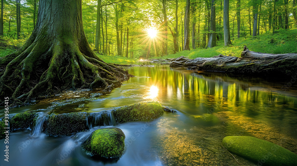 Fototapeta premium Tranquil Forest Stream in Lush Green Woodland with Rocks and Tree Roots by Water's Edge