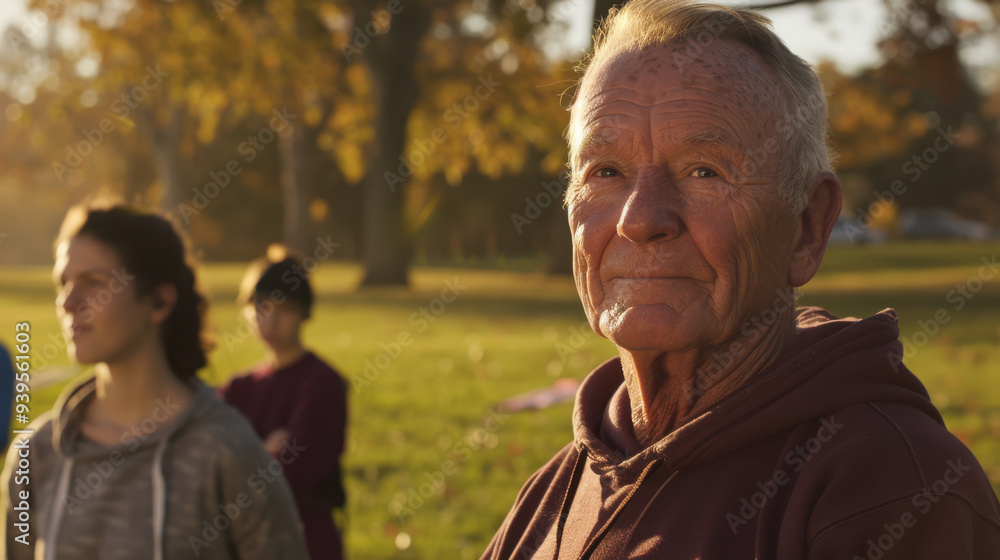 A close-up photograph of a group of people stretching outdoors, focusing on a senior man in the foreground with A close-up photograph of a group of people stretching outdoors, focusing on a senior man in the foreground with