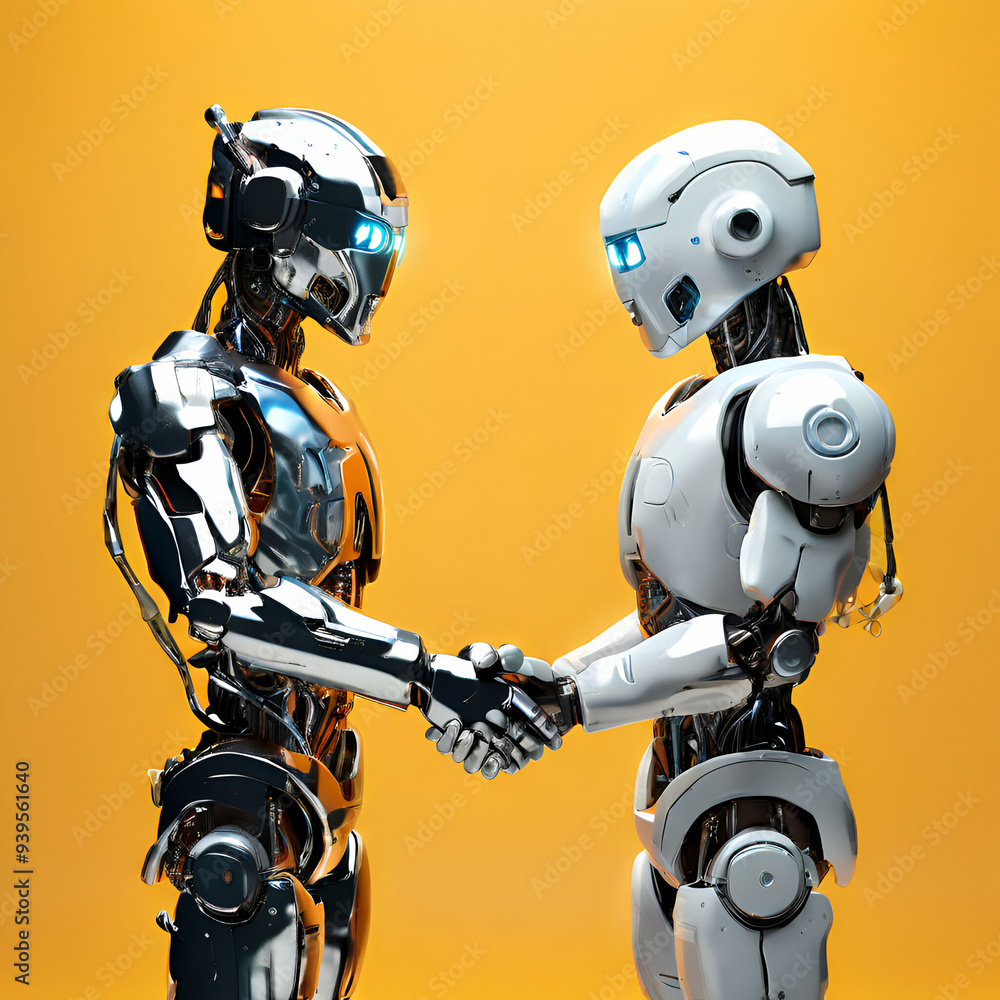 Fototapeta premium Handshake Between Robots/ Robo hand shaking technological background Artificial intelligence robot technology concept