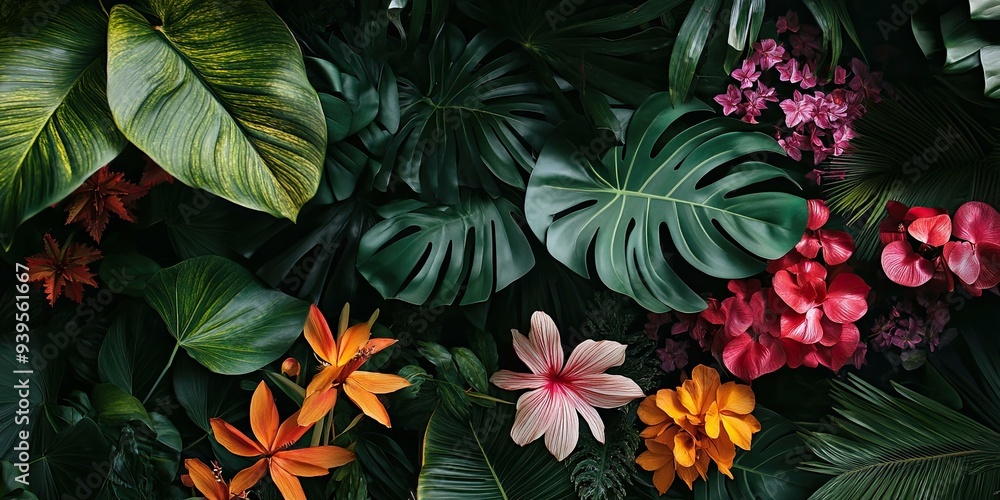 Tropical leaves and colorful flowers. Tropical leaves and colorful flowers.