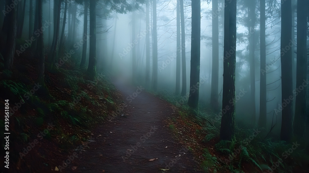 Fototapeta premium Mysterious Misty Forest Trail - Enchanting Path through Dense Woods with Tree Silhouettes Fading Away