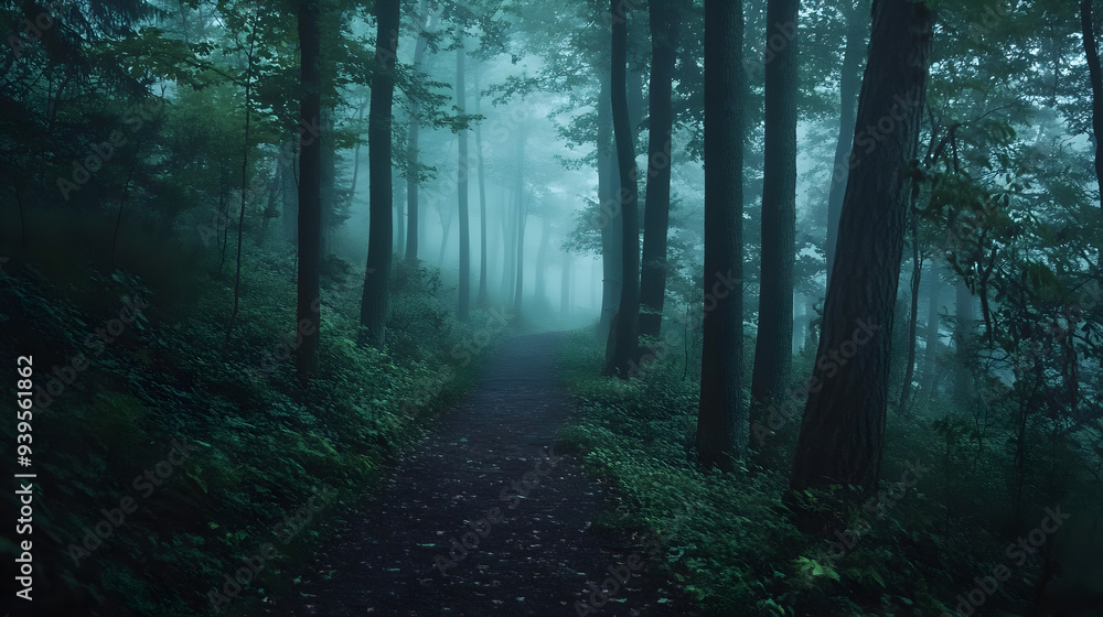 Fototapeta premium Enigmatic Foggy Forest Trail in Dark Woods with Tree Silhouettes
