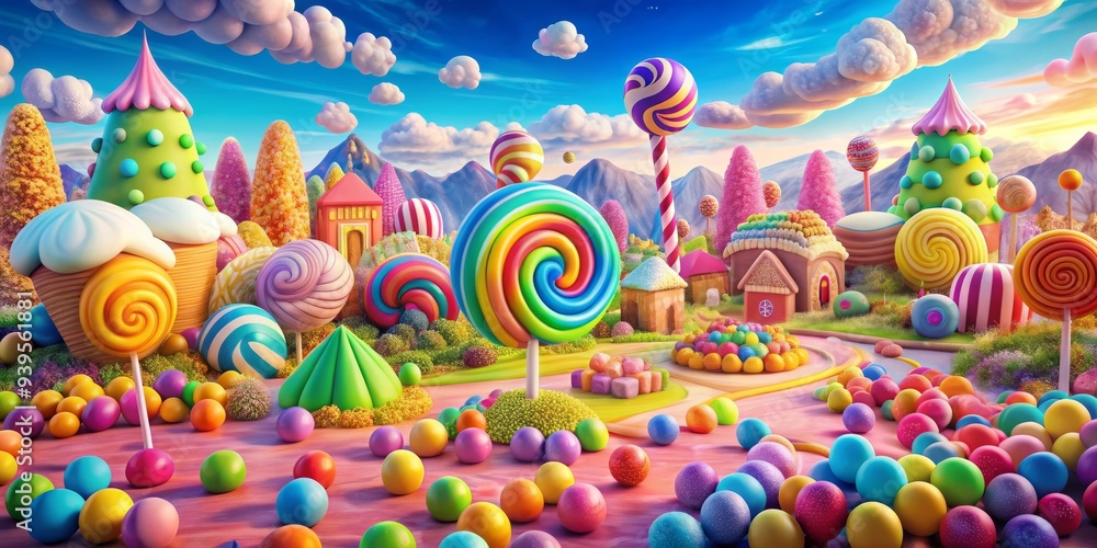 A Candy Land Fantasy 3D Rendered Landscape of Lollipops, Candy Houses, and Sparkling Eggs, Candy Land, Fantasy World, Sweet Dreams, Dreamscape A Candy Land Fantasy 3D Rendered Landscape of Lollipops, Candy Houses, and Sparkling Eggs, Candy Land, Fantasy World, Sweet Dreams, Dreamscape
