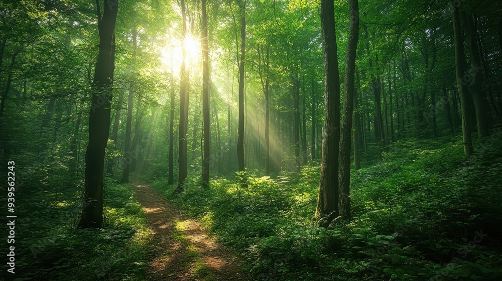 Fototapeta premium A serene forest scene with sunlight filtering through trees, creating a tranquil atmosphere.