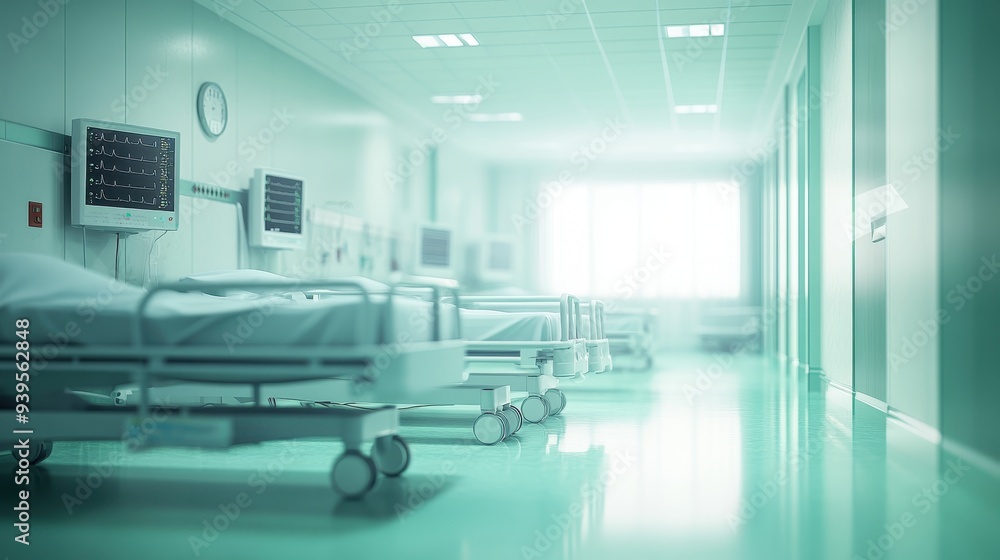 A serene hospital corridor with empty beds and medical equipment. A serene hospital corridor with empty beds and medical equipment.