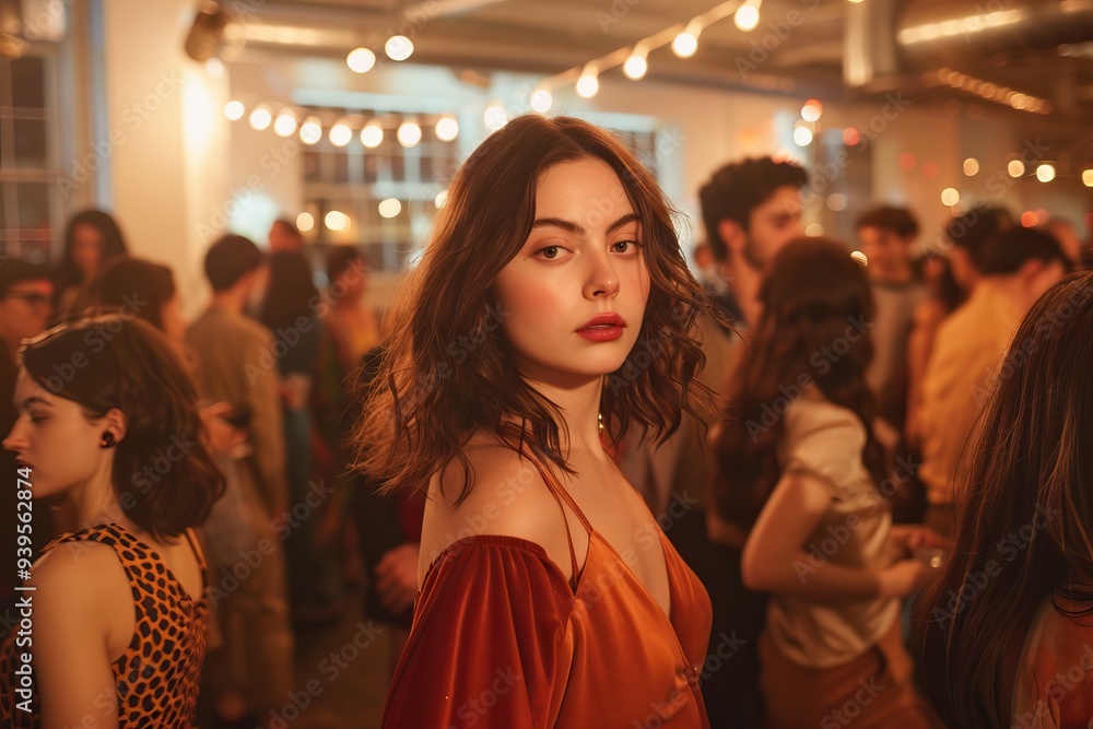Young woman in a striking red dress at a party, standing out with a contemplative expression among a crowd Young woman in a striking red dress at a party, standing out with a contemplative expression among a crowd