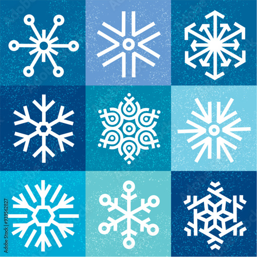 White snowflake icon set on blue background with snow texture. Modern, geometric line snowflake winter background. Bauhaus design. Minimalist style seamless pattern, abstract geometric 