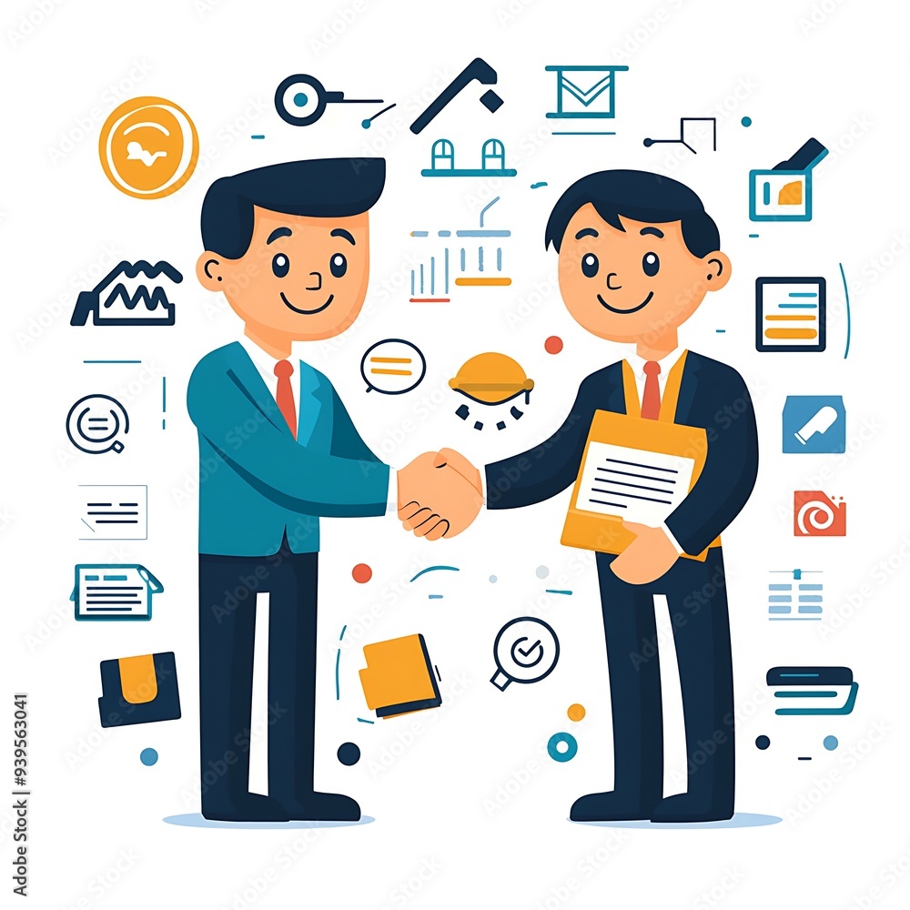 Successful Franchise Partnership - Cartoon Illustration of Two Owners Shaking Hands with Agreements and Business Icons on White Background Successful Franchise Partnership - Cartoon Illustration of Two Owners Shaking Hands with Agreements and Business Icons on White Background