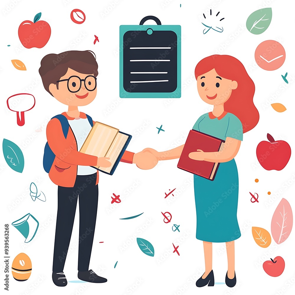 Collaborative Educators: Two Cartoon Teachers Shaking Hands with Books, Apple, and Chalkboard Icons in Vibrant Colors on White Background Collaborative Educators: Two Cartoon Teachers Shaking Hands with Books, Apple, and Chalkboard Icons in Vibrant Colors on White Background