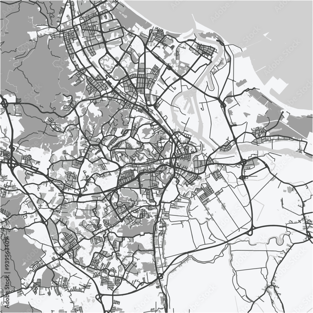 Naklejka premium Map of Gdansk in Poland in grayscale. Contains layered vector with roads water, parks, etc.