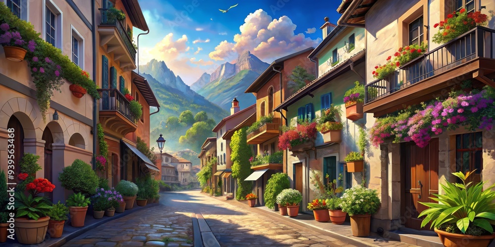 Fototapeta premium A Sunny Italian Village Street, Digital Painting, Cobblestone Street, Colorful Flowers, Mountain View, Italian village, cobblestone street